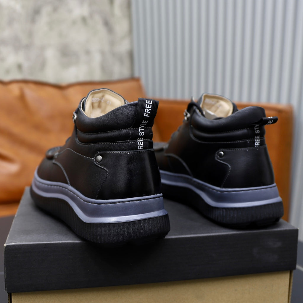 Free Style Moc-Toe Shearling Ankle Boot — Black Leather | Silver Rivet | Navy Platform Sole