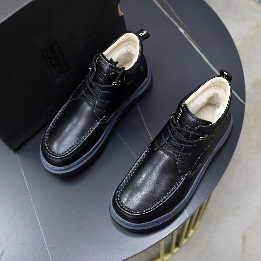 Free Style Moc-Toe Shearling Ankle Boot — Black Leather | Silver Rivet | Navy Platform Sole